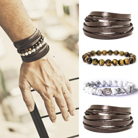 Kit 4 Pulseiras Masculinas Couro Pedras Onix Buda Olho Tigre - Colleshop Menor preço em Kit 4 Pulseiras Masculinas Couro Pedras Onix Buda Olho Tigre - Colleshop