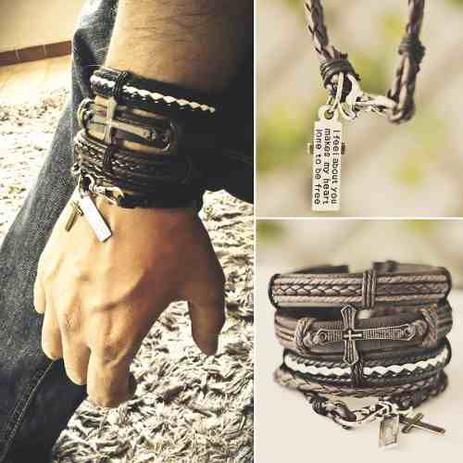 Kit 4 Pulseiras Masculinas Couro Preto Tribal Cruz Hip Hop - Colleshop Menor preço em Kit 4 Pulseiras Masculinas Couro Preto Tribal Cruz Hip Hop - Colleshop