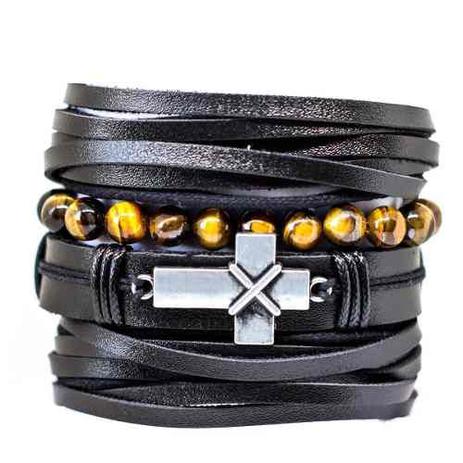 Kit 4 Pulseiras Masculinas De Couro Preto E Olho De Tigre - Colleshop Menor preço em Kit 4 Pulseiras Masculinas De Couro Preto E Olho De Tigre - Colleshop