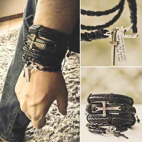 Kit 4 Pulseiras Masculinas De Couro Tribal Cruz Hip Hop - Colleshop Menor preço em Kit 4 Pulseiras Masculinas De Couro Tribal Cruz Hip Hop - Colleshop