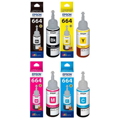 Kit 4 Refil de Tinta Epson L110 L200 L210 L355 L365 L375 L395 L555 KCYM Original 70ML Cada Menor preço em Kit 4 Refil de Tinta Epson L110 L200 L210 L355 L365 L375 L395 L555 KCYM Original 70ML Cada