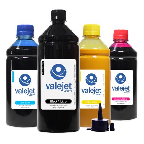 Kit 4 Tintas L365 para Epson Black 1 Litro Coloridas 500ml Pigmentada - Valejet Menor preço em Kit 4 Tintas L365 para Epson Black 1 Litro Coloridas 500ml Pigmentada - Valejet