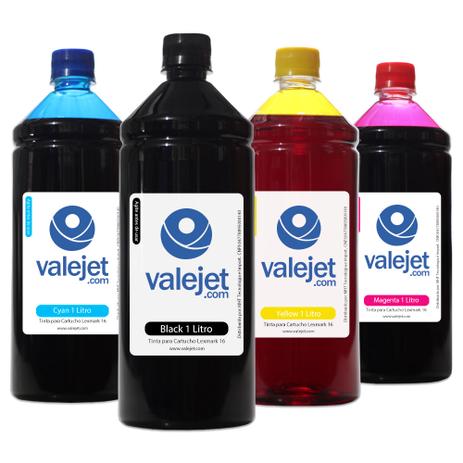 Kit 4 Tintas para Cartucho Lexmark 16 26 CMYK 1 Litro - Valejet Menor preço em Kit 4 Tintas para Cartucho Lexmark 16 26 CMYK 1 Litro - Valejet