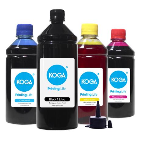 Kit 4 Tintas para Epson T664 Black 1 Litro Color 500ml Corante Koga Menor preço em Kit 4 Tintas para Epson T664 Black 1 Litro Color 500ml Corante Koga