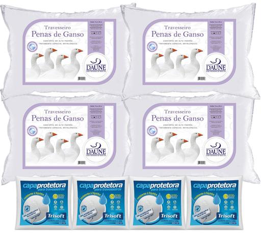 Kit 4 Travesseiros 100 Penas de Ganso 50x70cm Daune com 4 Capas Protetoras - Daune trisoft Menor preço em Kit 4 Travesseiros 100 Penas de Ganso 50x70cm Daune com 4 Capas Protetoras - Daune trisoft