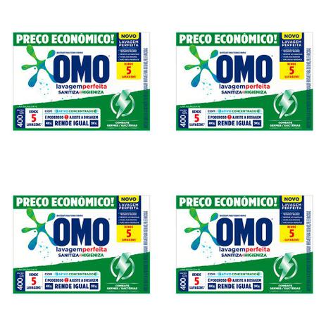 Kit 4 Und Lava Roupas Omo Pó Sanitizante Lavagem Perfeita 400g Menor preço em Kit 4 Und Lava Roupas Omo Pó Sanitizante Lavagem Perfeita 400g