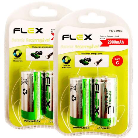 Kit 4 Unidades Pilha Recarregável tipo C 2900MAH Flex Menor preço em Kit 4 Unidades Pilha Recarregável tipo C 2900MAH Flex