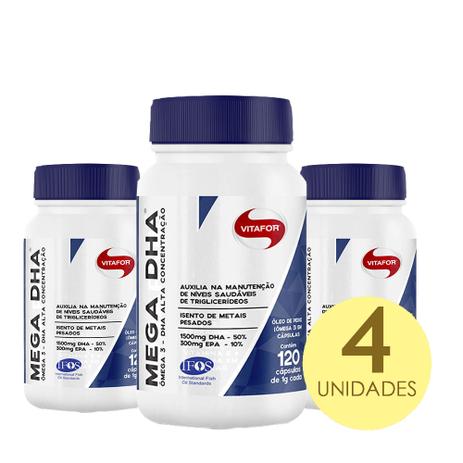 Kit 4x Mega DHA - Ômega 3 de Alta Concentração DHA (1000mg) 120 Cápsulas - Vitafor Menor preço em Kit 4x Mega DHA - Ômega 3 de Alta Concentração DHA (1000mg) 120 Cápsulas - Vitafor