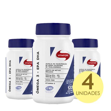 Kit 4x Ômega 3 EPA DHA Certificado Internacional 120 Cápsulas - Vitafor Menor preço em Kit 4x Ômega 3 EPA DHA Certificado Internacional 120 Cápsulas - Vitafor
