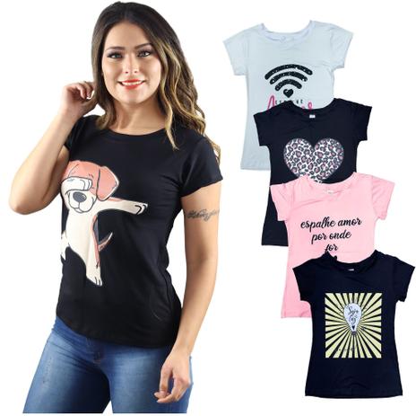 Kit 5 - blusas t-shirt feminina estampas e cores variadas - Danzzi