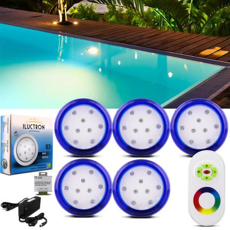 Kit 5 Luminárias Led Piscina RGB 80mm 45W 4950 Lúmens + Controle Wireless Efeitos Luz e Fonte 60W - Iluctron Menor preço em Kit 5 Luminárias Led Piscina RGB 80mm 45W 4950 Lúmens + Controle Wireless Efeitos Luz e Fonte 60W - Iluctron