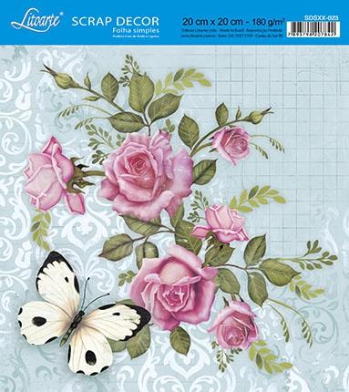 Kit 5 Papel Scrap Decor Folha Simples 20x20 Rosas e Borboleta SDSXX-023 - Litoarte Menor preço em Kit 5 Papel Scrap Decor Folha Simples 20x20 Rosas e Borboleta SDSXX-023 - Litoarte