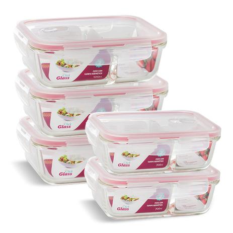 KIT 5 Potes Vidro Hermético Divisória 700ml + 1010ml - Casa linda Menor preço em KIT 5 Potes Vidro Hermético Divisória 700ml + 1010ml - Casa linda