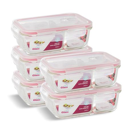 Kit 5 Potes Vidro Hermético Divisória 700ml Marmita - Casa linda Menor preço em Kit 5 Potes Vidro Hermético Divisória 700ml Marmita - Casa linda