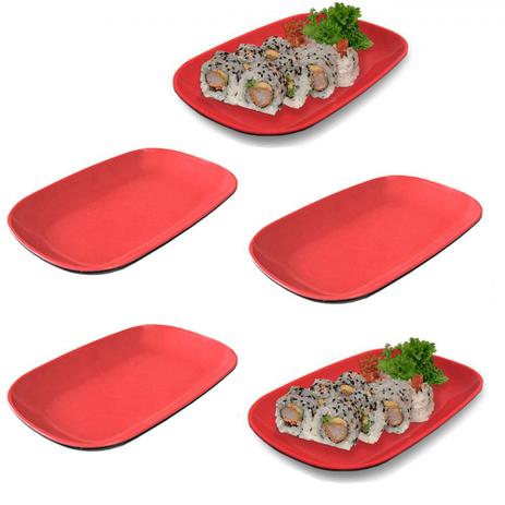 Kit 5 Pratos Ovais em Melamina/Plastico para Sushi Vermelho com Preto Fuxing Menor preço em Kit 5 Pratos Ovais em Melamina/Plastico para Sushi Vermelho com Preto Fuxing