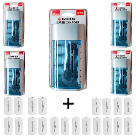 Kit 5 Unidades Carregador Universal + 20 Pilhas Tipo D Rontek - Mox Menor preço em Kit 5 Unidades Carregador Universal + 20 Pilhas Tipo D Rontek - Mox