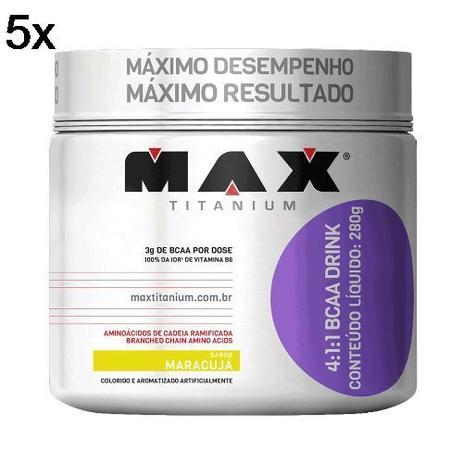 Kit 5X BCAA 4:1:1 - 280g Drink Maracujá - Max Titanium Menor preço em Kit 5X BCAA 4:1:1 - 280g Drink Maracujá - Max Titanium