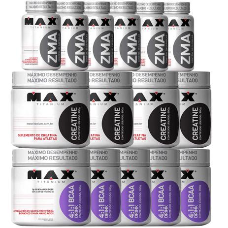 Kit 5x Bcaa Drink 280g + 4x Creatina 300g + 6x Zma - Max - Max tianium Menor preço em Kit 5x Bcaa Drink 280g + 4x Creatina 300g + 6x Zma - Max - Max tianium