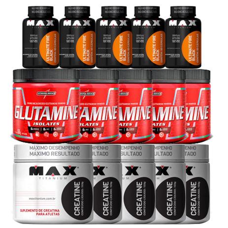 Kit 5x Creatina150g + 5x Glutamina150g + Fire Black - Max titanium Menor preço em Kit 5x Creatina150g + 5x Glutamina150g + Fire Black - Max titanium