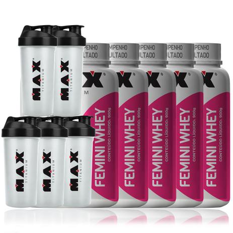 Kit 5X femini Whey 900g + 5x Coqueteleira - Max Titanium - Max tianium Menor preço em Kit 5X femini Whey 900g + 5x Coqueteleira - Max Titanium - Max tianium