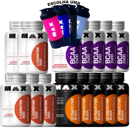 Kit 5x Fire Black+ 5x L- Carnitine 2000 + 5x Bcaa 100 cáps - Max titanium Menor preço em Kit 5x Fire Black+ 5x L- Carnitine 2000 + 5x Bcaa 100 cáps - Max titanium
