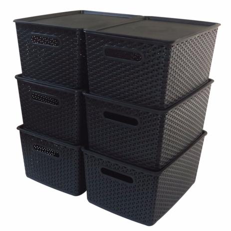 Kit 6 Caixas Organizadoras Rattan Empilhável Grande Preta - Plasnorthon Menor preço em Kit 6 Caixas Organizadoras Rattan Empilhável Grande Preta - Plasnorthon