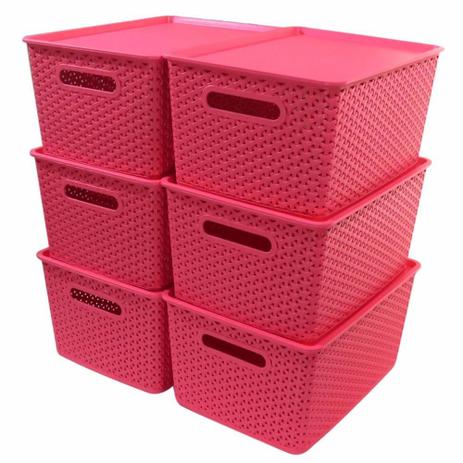 Kit 6 Caixas Organizadoras Rattan Empilhável Grande Rosa - Superdigi Menor preço em Kit 6 Caixas Organizadoras Rattan Empilhável Grande Rosa - Superdigi