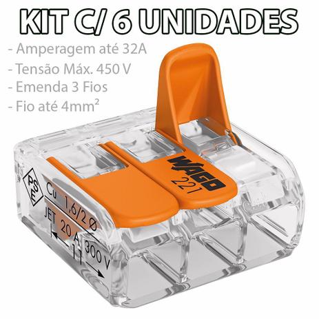 Kit 6 Conector Wago Emenda 3 Fios Mod. 221-413 Menor preço em Kit 6 Conector Wago Emenda 3 Fios Mod. 221-413