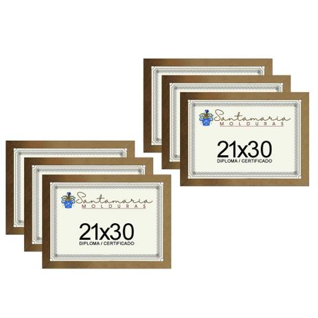 Kit 6 Molduras Porta Diploma Certificado A4 21x30 Dourado - Santamaria molduras Menor preço em Kit 6 Molduras Porta Diploma Certificado A4 21x30 Dourado - Santamaria molduras