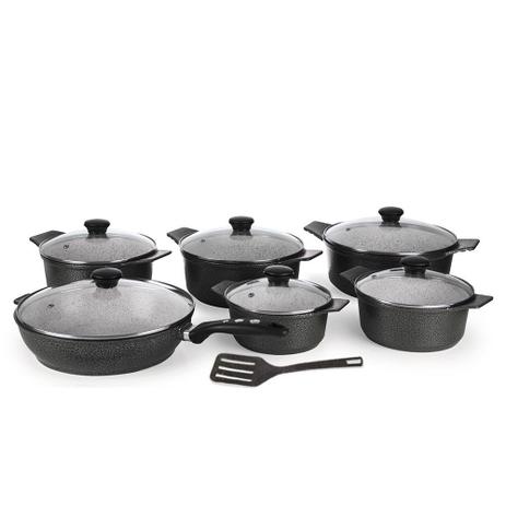Kit 6 Panelas com Frigideira Aluminio Fundido Antiaderente com Fundo usinado Preto - Aluminios J.R Menor preço em Kit 6 Panelas com Frigideira Aluminio Fundido Antiaderente com Fundo usinado Preto - Aluminios J.R