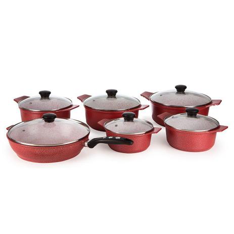 Kit 6 Panelas com Frigideira Aluminio Fundido Antiaderente com Fundo usinado Vermelho - Aluminios J.R Menor preço em Kit 6 Panelas com Frigideira Aluminio Fundido Antiaderente com Fundo usinado Vermelho - Aluminios J.R