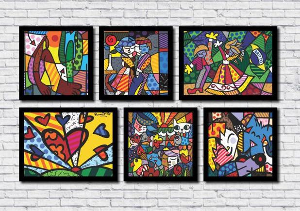 Kit 6 quadros decorativos Romero Britto - Arte Quadro Menor preço em Kit 6 quadros decorativos Romero Britto - Arte Quadro