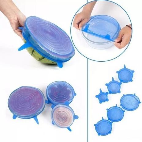 Kit 6 Super Tampas de Silicone Strech Premiun - Potes Universal - Azul - Skt Menor preço em Kit 6 Super Tampas de Silicone Strech Premiun - Potes Universal - Azul - Skt