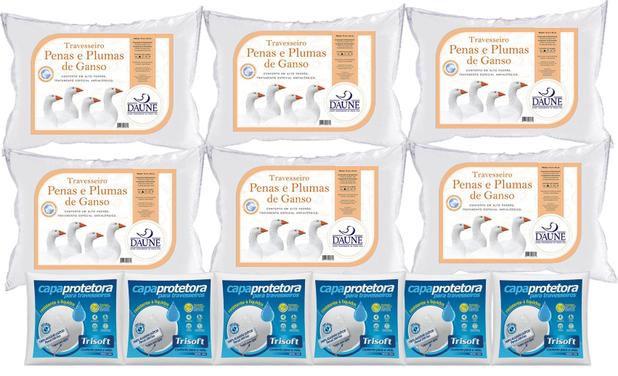 Kit 6 Travesseiros 80 Penas 20 Plumas 50x70cm Daune com 6 Capas Protetoras - Daune trisoft Menor preço em Kit 6 Travesseiros 80 Penas 20 Plumas 50x70cm Daune com 6 Capas Protetoras - Daune trisoft