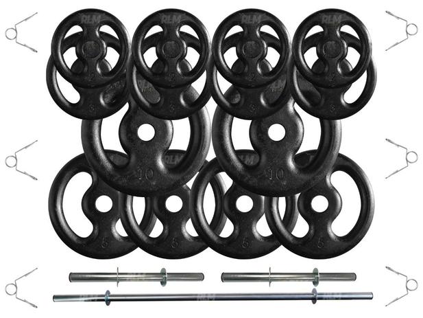 Menor preço em Kit 60 Kg de Anilhas Ferro Fundido + Barras de Supino e Halteres - Rlm store