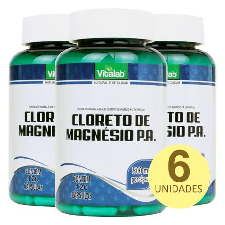 Kit 6x Cloreto de Magnésio P.A. (500mg) 120 Cápsulas - Vitalab Menor preço em Kit 6x Cloreto de Magnésio P.A. (500mg) 120 Cápsulas - Vitalab