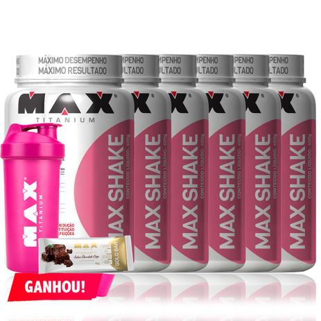 Kit - 6x Max Shake 400g + Coqueteleira - Max Titanium Menor preço em Kit - 6x Max Shake 400g + Coqueteleira - Max Titanium