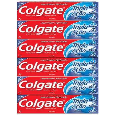Kit 6x90g Creme Dental Colgate Tripla Ação Hortelã 90g - COLGATE TRIPLA ACAO Menor preço em Kit 6x90g Creme Dental Colgate Tripla Ação Hortelã 90g - COLGATE TRIPLA ACAO