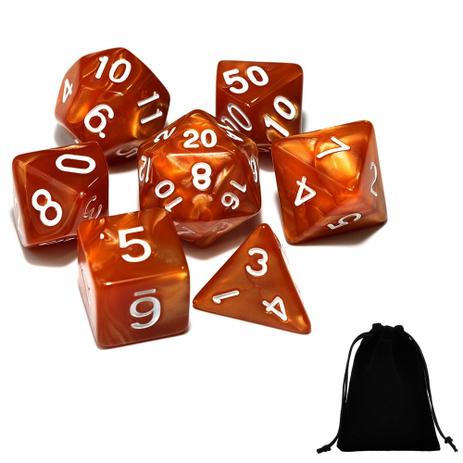 Kit 7 Dados para RPG Cor MARROM Opacos Perolados D4 D6 D8 D10 D10 D12 D20 + 1 Bolsa Preta - Tg é boa?