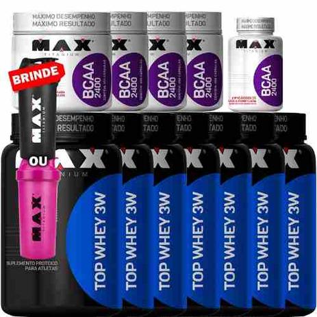 Kit 7x Top Whey 3w + 4x Bcaa 450 Cps + Bcaa 100 Cps - Max titanium Menor preço em Kit 7x Top Whey 3w + 4x Bcaa 450 Cps + Bcaa 100 Cps - Max titanium