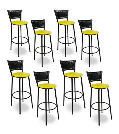 Kit 8 Banquetas Bistrô Hawaii Rattan Junco Preto Epóxi e Assento Amarelo - Decore fácil shop Menor preço em Kit 8 Banquetas Bistrô Hawaii Rattan Junco Preto Epóxi e Assento Amarelo - Decore fácil shop