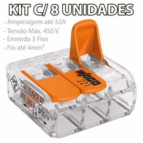 Kit 8 Conector Wago Emenda 3 Fios Mod. 221-413 Menor preço em Kit 8 Conector Wago Emenda 3 Fios Mod. 221-413