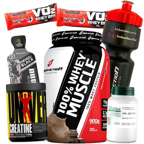 Kit Academia Massa Magra Rapido - Whey Concentrado Puro 900g + Creatina Universal + Vasodilatador - Body action Menor preço em Kit Academia Massa Magra Rapido - Whey Concentrado Puro 900g + Creatina Universal + Vasodilatador - Body action
