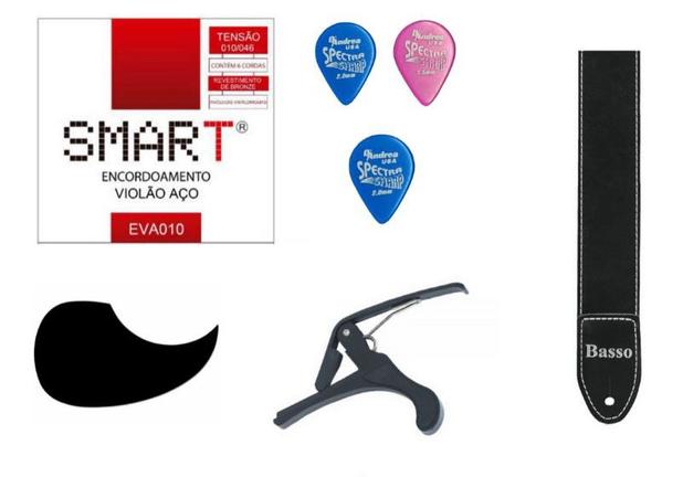 Kit acessório de violão Smart Capotraste Encordoamento Alça Menor preço em Kit acessório de violão Smart Capotraste Encordoamento Alça