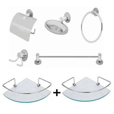 Kit acessorios banheiro porta shampoo canto vidro 6mm 7 pcs - Tanko Metais Menor preço em Kit acessorios banheiro porta shampoo canto vidro 6mm 7 pcs - Tanko Metais