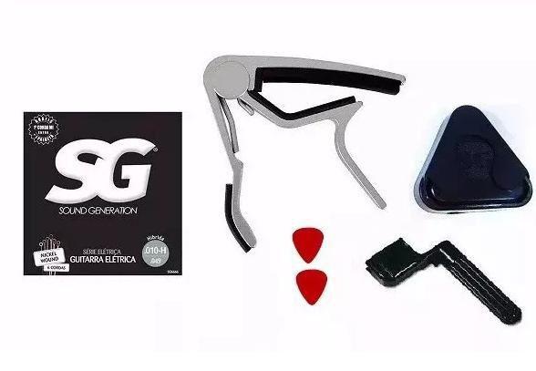 Kit Acessórios Guitarra C/ Capotraste Encordoador Porta Palheta Corda SG 0.10 e Palheta Nig - King musical Menor preço em Kit Acessórios Guitarra C/ Capotraste Encordoador Porta Palheta Corda SG 0.10 e Palheta Nig - King musical