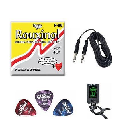 Kit Acessórios Guitarra Encordoamento Cabo Afinador Palhetas - Rouxinol Menor preço em Kit Acessórios Guitarra Encordoamento Cabo Afinador Palhetas - Rouxinol
