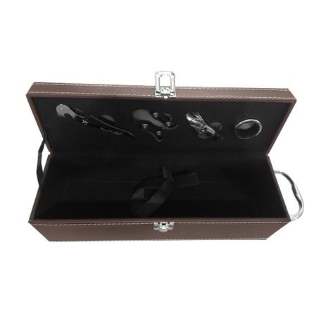 Kit Acessorios Vinho Saca Rolhas 4 Peças Maleta Luxo Marrom - Horizonte Menor preço em Kit Acessorios Vinho Saca Rolhas 4 Peças Maleta Luxo Marrom - Horizonte