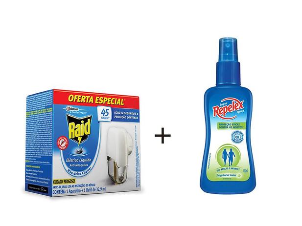 Kit Afasta Inseto: Repelente Spray Repelex + Aparelho Repelente Elétrico Raid Liquido 45 Noites + Refil 32,9ml - Oferta Especial - Jhonson jhonson Menor preço em Kit Afasta Inseto: Repelente Spray Repelex + Aparelho Repelente Elétrico Raid Liquido 45 Noites + Refil 32,9ml - Oferta Especial - Jhonson jhonson