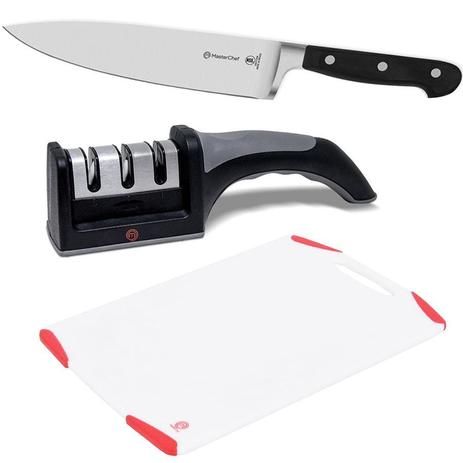 Kit Afiador Amolador + Faca + Tábua Com 3 Itens MasterChef Original - Master chef Menor preço em Kit Afiador Amolador + Faca + Tábua Com 3 Itens MasterChef Original - Master chef